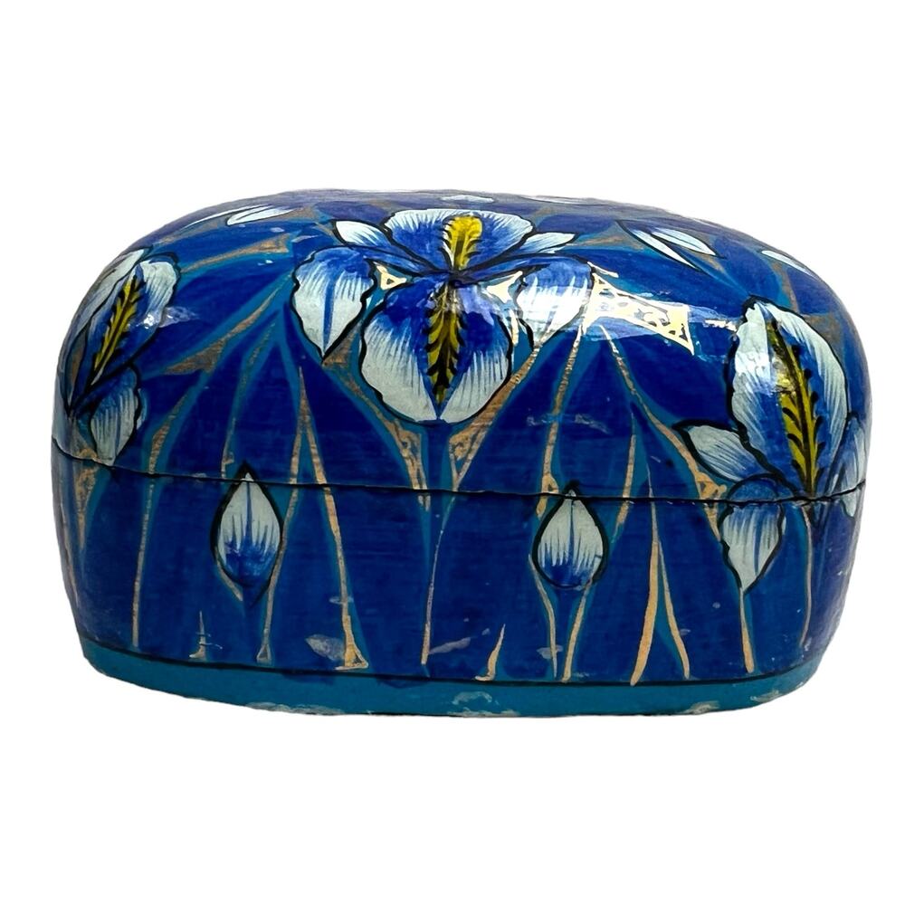 Vintage Lacquered India paper Mâché Trinket Box Floral Hand painted Blue Flaws